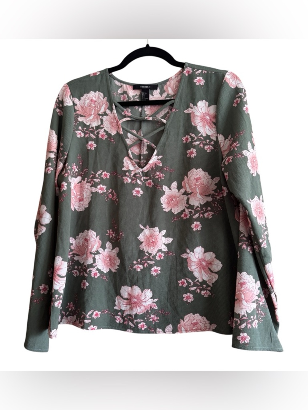 🖤5/$20 Forever 21 Olive Green Floral Lace-Up Long Sleeve Top